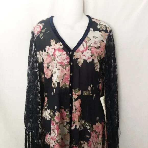 Aratta Medium NWT Floral Black Dress with Lace Sleeves knee length - Picture 5 of 16